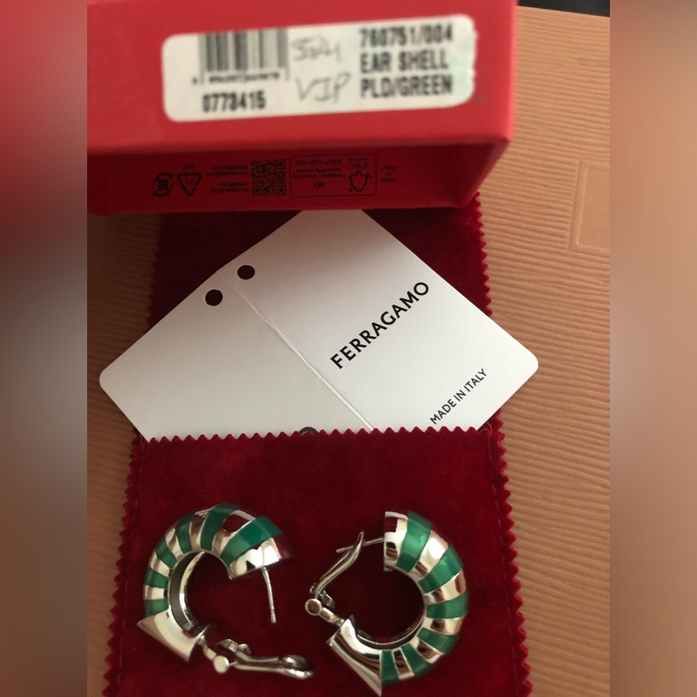 Salvatore Ferragamo Green and Silver Striped Hoop Earrings